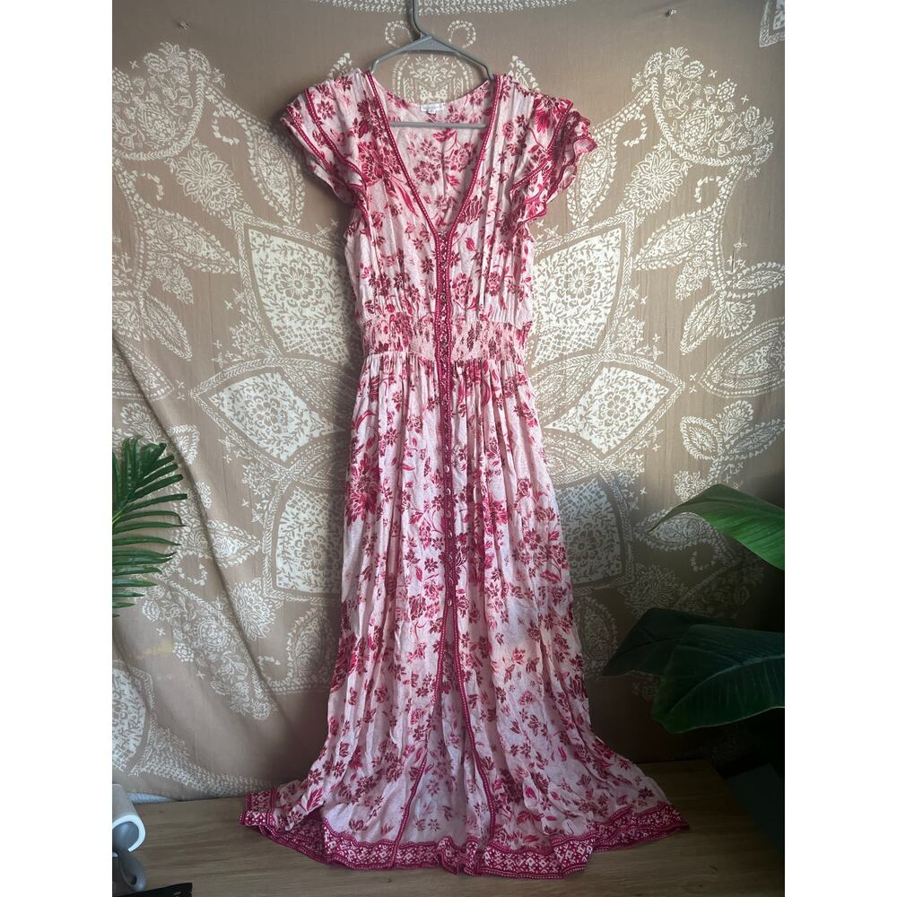 Poupette St Barth Della Midi Dress in Pink/White Floral